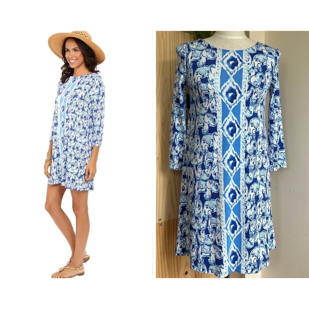Lilly‎ Pulitzer Ophelia Swing Dress Sz XS Get Trunky Elephant Lattice Print Blue